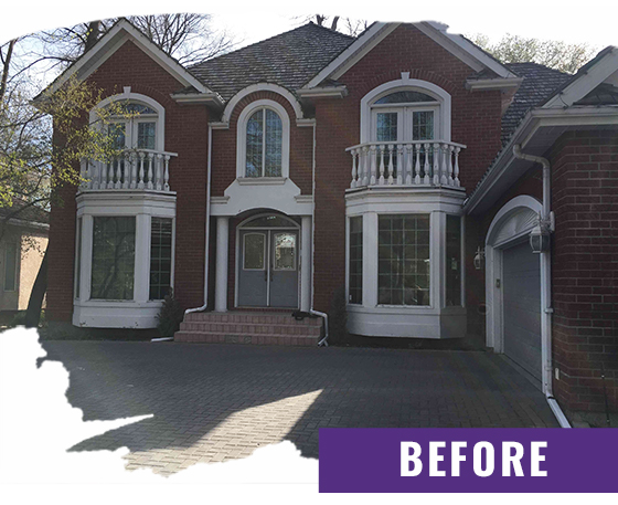 Brick Home With Exterior Balcony Before Painting